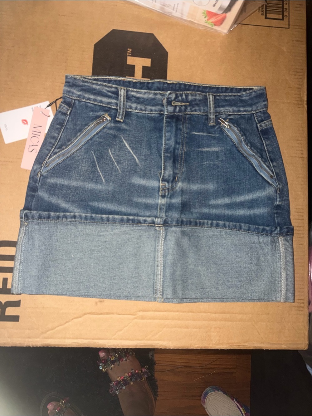 Two-Tone Blue Denim Mini Skirt with Zip Pockets